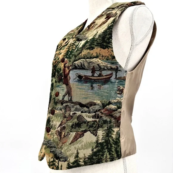 90s VTG-USA FI Fishing & Hunting Bird-Dog Tapestry Vest - Picture 3 of 16